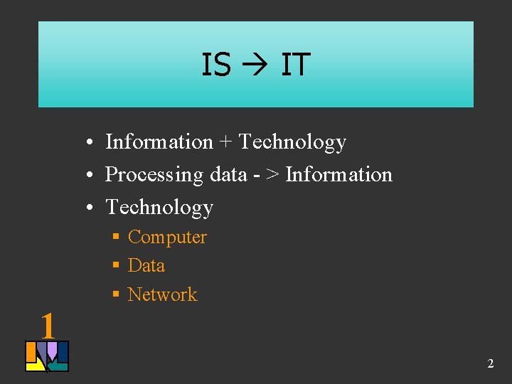 IS IT • Information + Technology • Processing data - > Information • Technology IS IT • Information + Technology • Processing data - > Information • Technology