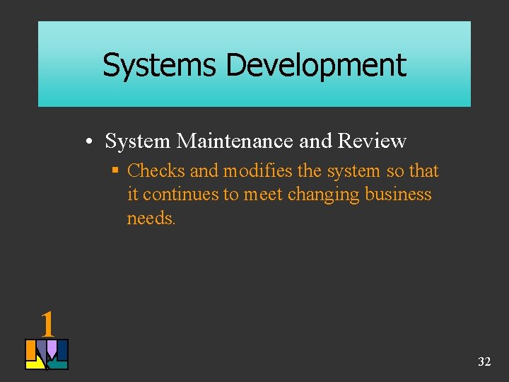 Systems Development • System Maintenance and Review § Checks and modifies the system so Systems Development • System Maintenance and Review § Checks and modifies the system so