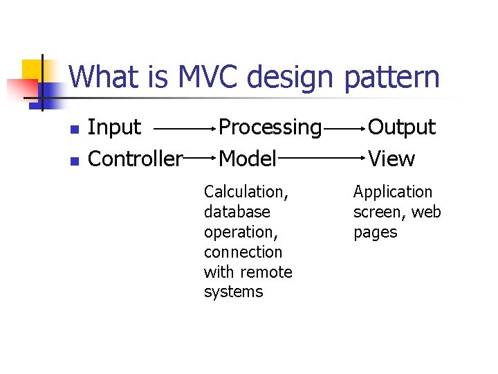 What is MVC design pattern n n Input Controller Processing Model Calculation, database operation,