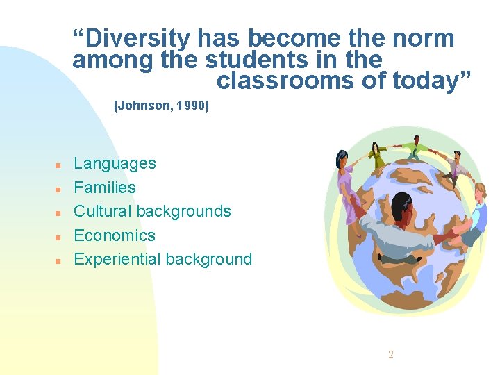 “Diversity has become the norm among the students in the classrooms of today” (Johnson,