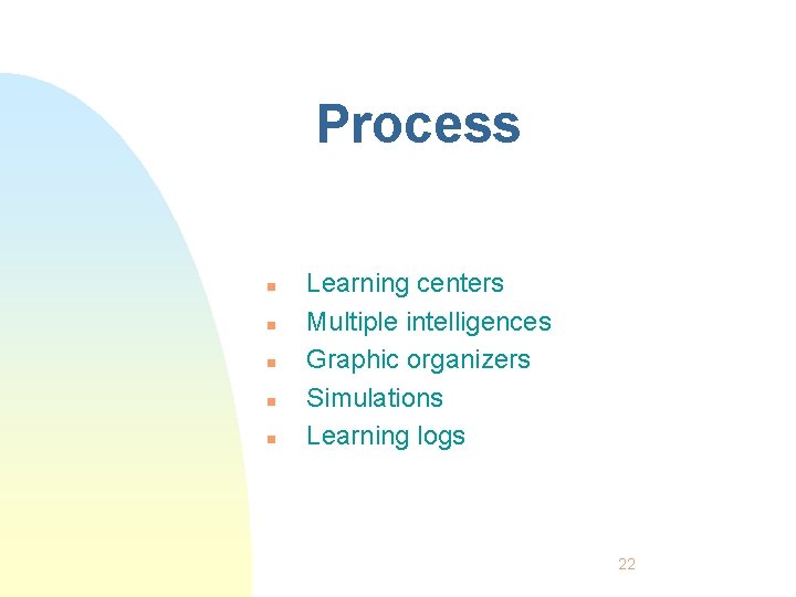 Process n n n Learning centers Multiple intelligences Graphic organizers Simulations Learning logs 22