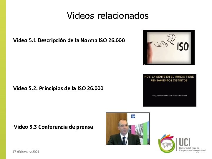 Videos relacionados Video 5. 1 Descripción de la Norma ISO 26. 000 Video 5.