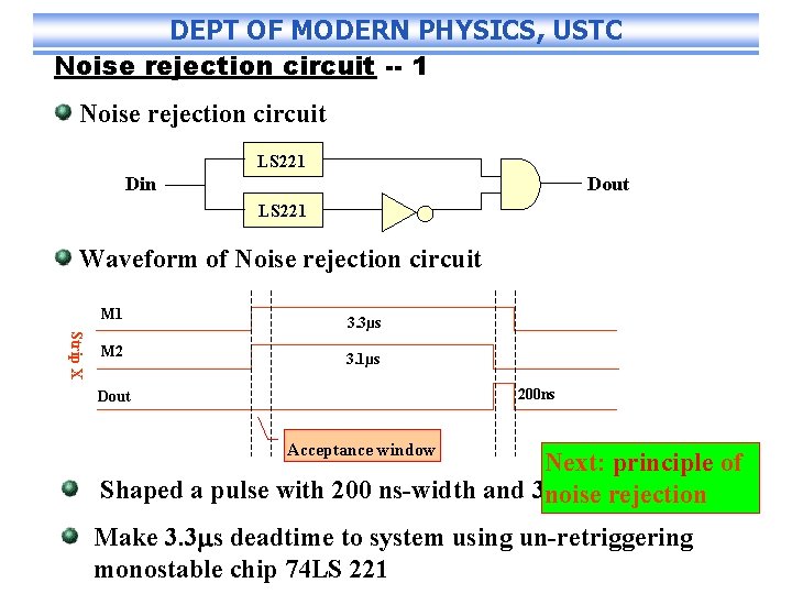 DEPT OF MODERN PHYSICS, USTC Noise rejection circuit -- 1 Noise rejection circuit LS