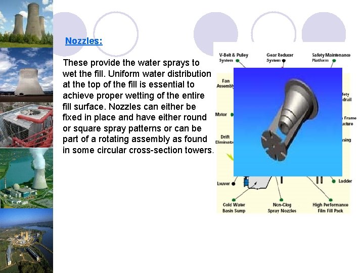 Nozzles: These provide the water sprays to wet the fill. Uniform water distribution at