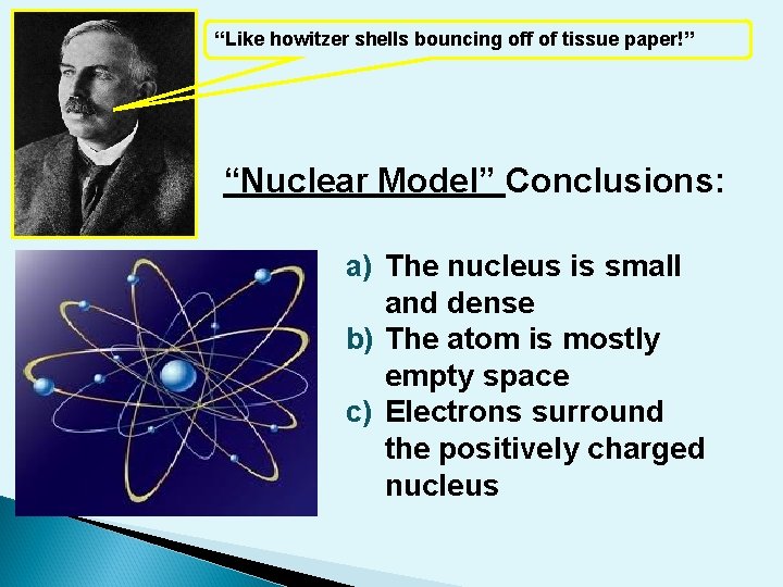 “Like howitzer shells bouncing off of tissue paper!” “Nuclear Model” Conclusions: a) The nucleus