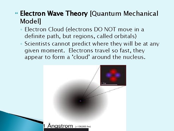  Electron Wave Theory [Quantum Mechanical Model] ◦ Electron Cloud (electrons DO NOT move