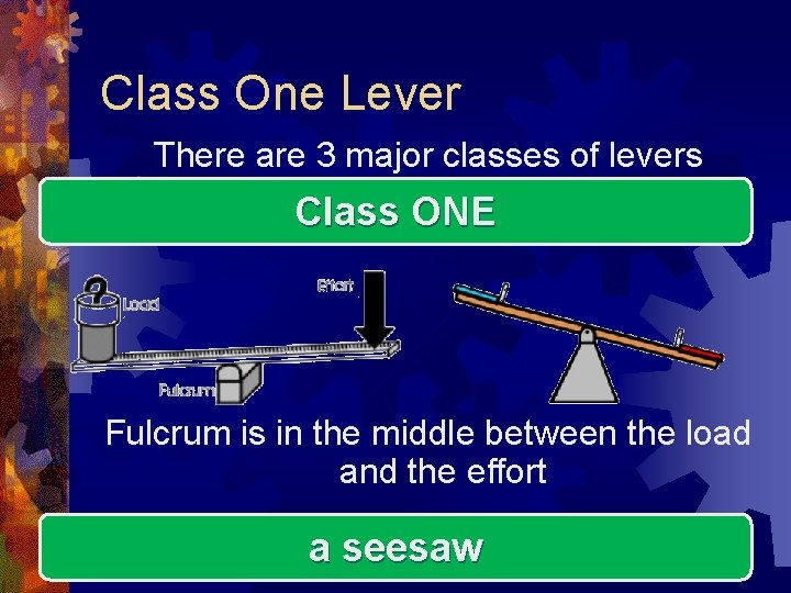 Class One Lever There are 3 major classes of levers Class ONE Fulcrum is