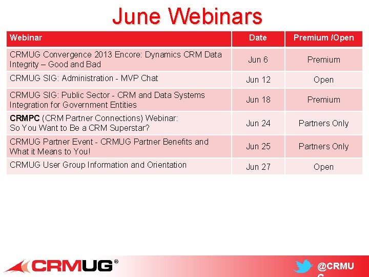 June Webinars Webinar Date Premium /Open CRMUG Convergence 2013 Encore: Dynamics CRM Data Integrity