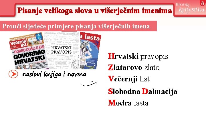 Pisanje velikoga slova u višerječnim imenima Prouči sljedeće primjere pisanja višerječnih imena. naslovi knjiga