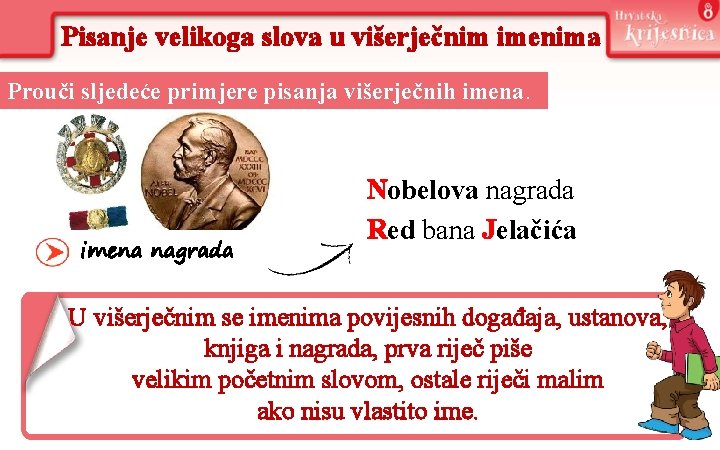 Pisanje velikoga slova u višerječnim imenima Prouči sljedeće primjere pisanja višerječnih imena nagrada Nobelova