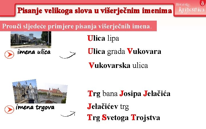 Pisanje velikoga slova u višerječnim imenima Prouči sljedeće primjere pisanja višerječnih imena. Ulica lipa