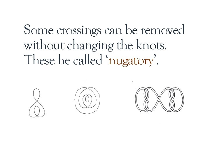 Some crossings can be removed without changing the knots. These he called ‘nugatory’. 