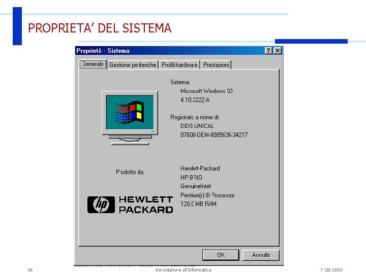 PROPRIETA’ DEL SISTEMA 36 Introduzione all'Informatica 7 Ott 2003 