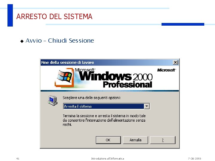 ARRESTO DEL SISTEMA u 41 Avvio – Chiudi Sessione Introduzione all'Informatica 7 Ott 2003