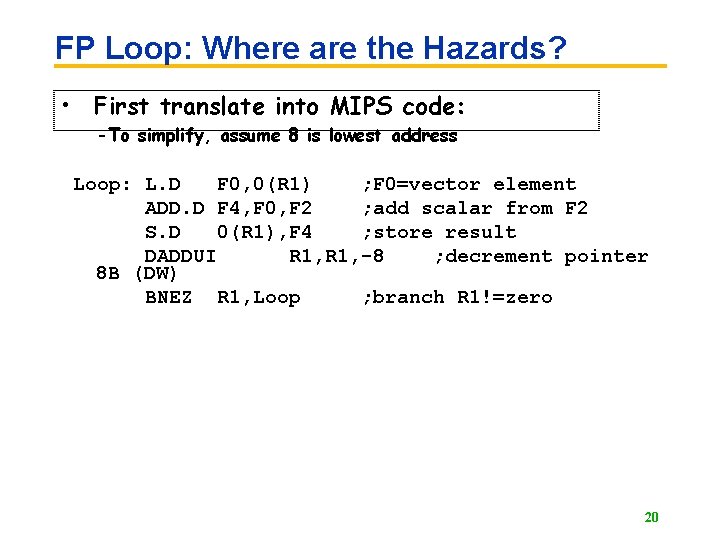 FP Loop: Where are the Hazards? • First translate into MIPS code: -To simplify,