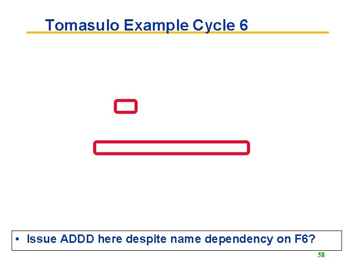 Tomasulo Example Cycle 6 • Issue ADDD here despite name dependency on F 6?