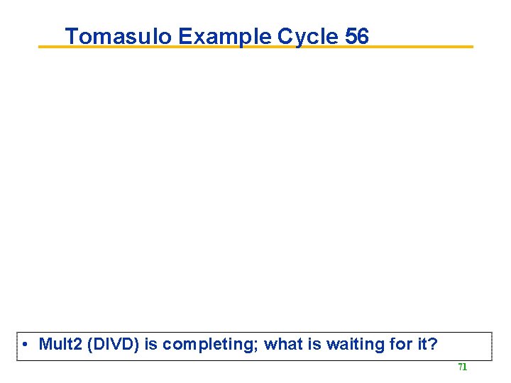 Tomasulo Example Cycle 56 • Mult 2 (DIVD) is completing; what is waiting for