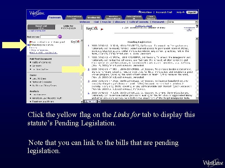 Click the yellow flag on the Links for tab to display this statute’s Pending