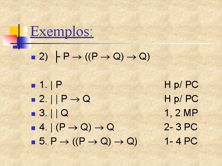 Exemplos: n n n 2) ├ P ((P Q) 1. | P 2. |