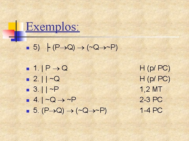 Exemplos: n n n 5) ├ (P Q) (~Q ~P) 1. | P Q