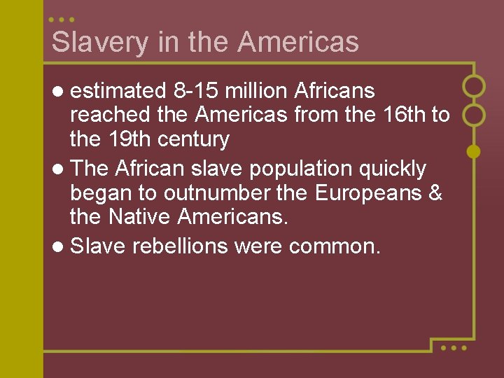 Slavery in the Americas l estimated 8 -15 million Africans reached the Americas from