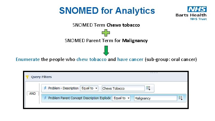 SNOMED for Analytics SNOMED Term Chews tobacco SNOMED Parent Term for Malignancy Enumerate the