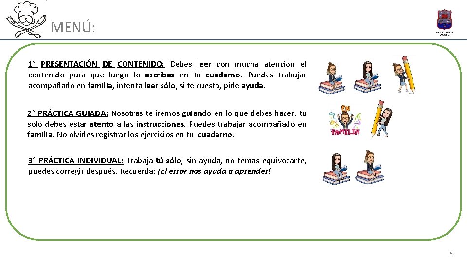 MENÚ: 1° PRESENTACIÓN DE CONTENIDO: Debes leer con mucha atención el contenido para que