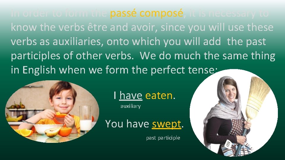 In order to form the passé composé, it is necessary to know the verbs