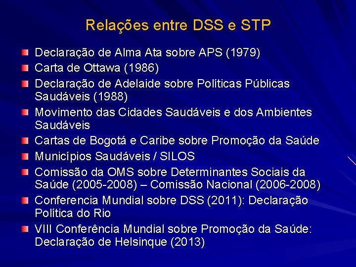 Relações entre DSS e STP Declaração de Alma Ata sobre APS (1979) Carta de