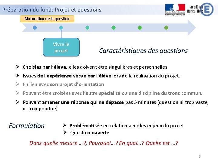 Préparation du fond: Projet et questions Maturation de la question Vivre le projet Caractéristiques