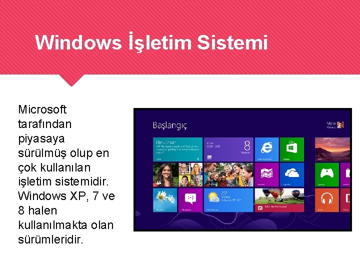 Windows İşletim Sistemi Microsoft tarafından piyasaya sürülmüş olup en çok kullanılan işletim sistemidir. Windows