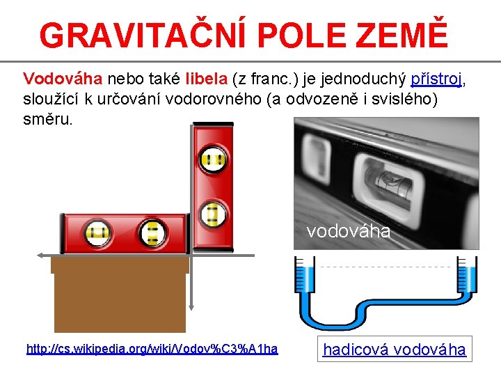 GRAVITAČNÍ POLE ZEMĚ Vodováha nebo také libela (z franc. ) je jednoduchý přístroj, sloužící