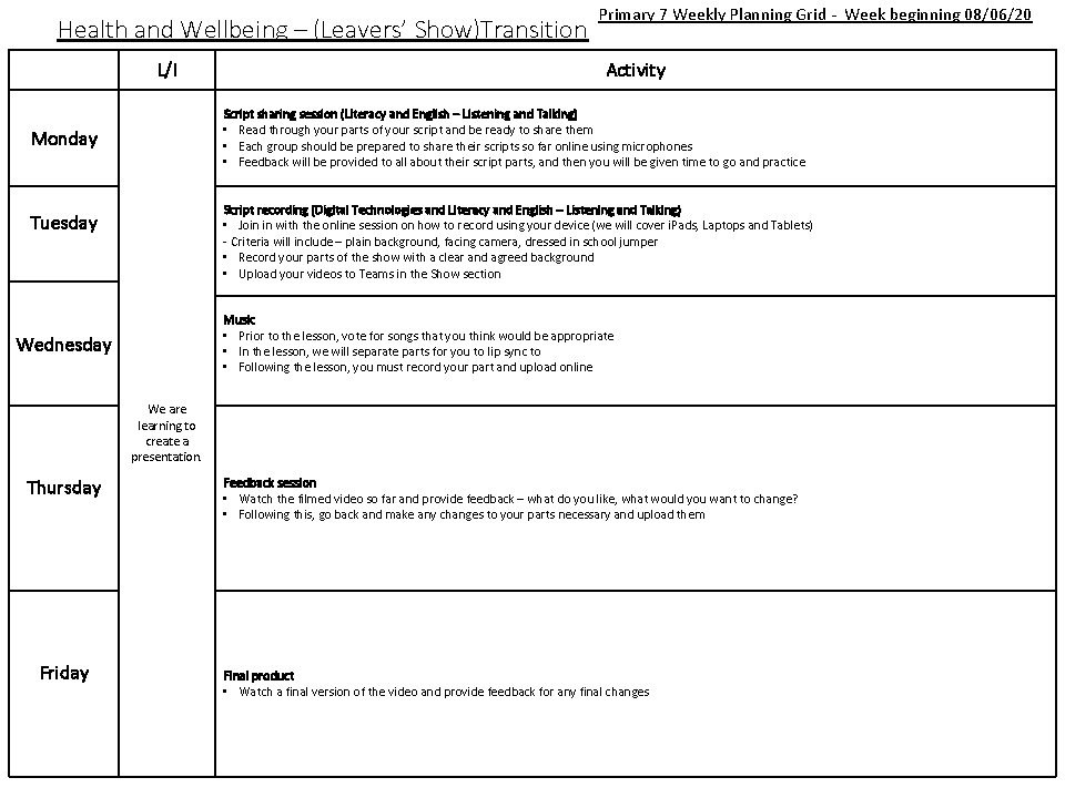 Health and Wellbeing – (Leavers’ Show)Transition L/I Primary 7 Weekly Planning Grid - Week