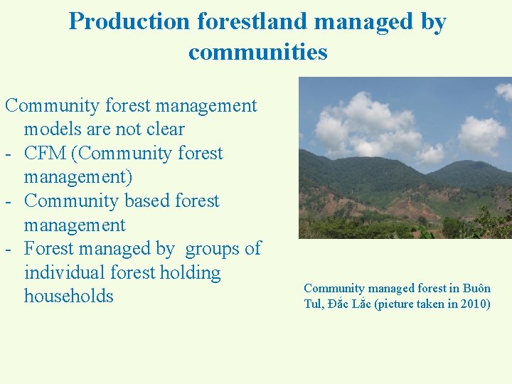 Production forestland managed by communities Community forest management models are not clear - CFM