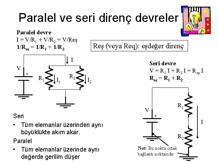 Paralel ve seri direnç devreler Paralel devre I = V/R 1 + V/R 2