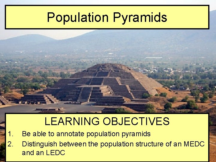 Population Pyramids LEARNING OBJECTIVES 1. 2. Be able to annotate population pyramids Distinguish between