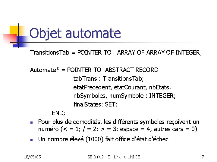 Objet automate Transitions. Tab = POINTER TO ARRAY OF INTEGER; Automate* = POINTER TO