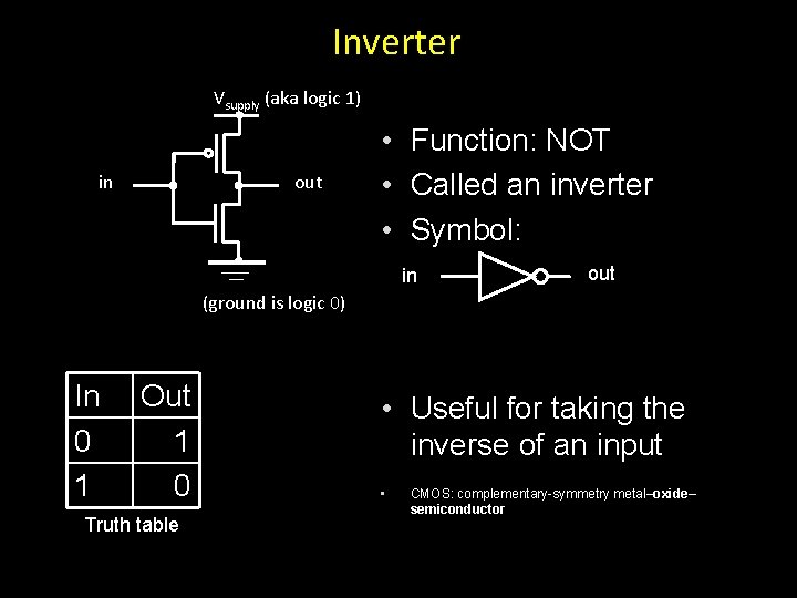 Inverter Vsupply (aka logic 1) in out • Function: NOT • Called an inverter