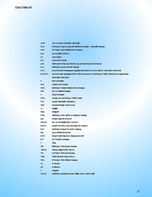 KISALTMALAR ASPB CGİK Aile ve Sosyal Politikalar Bakanlığı 5275 sayılı Ceza ve Güvenlik Tedbirlerinin