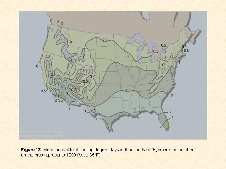 Figure 13: Mean annual total cooling degree-days in thousands of °F, where the number