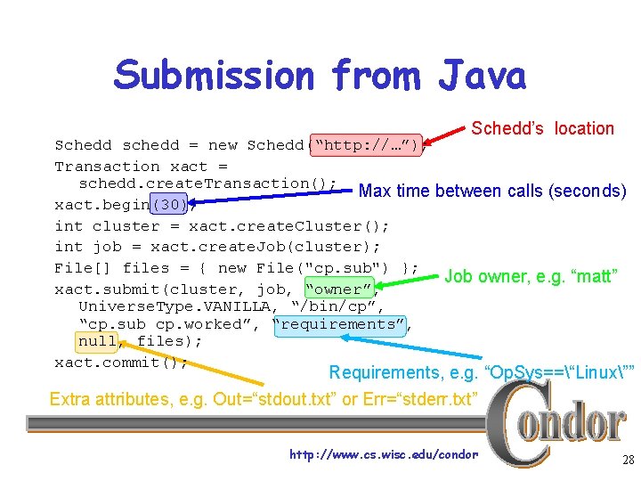 Submission from Java Schedd’s location Schedd schedd = new Schedd(“http: //…”); Transaction xact =