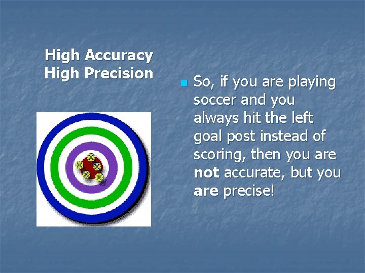 High Accuracy High Precision n So, if you are playing soccer and you always