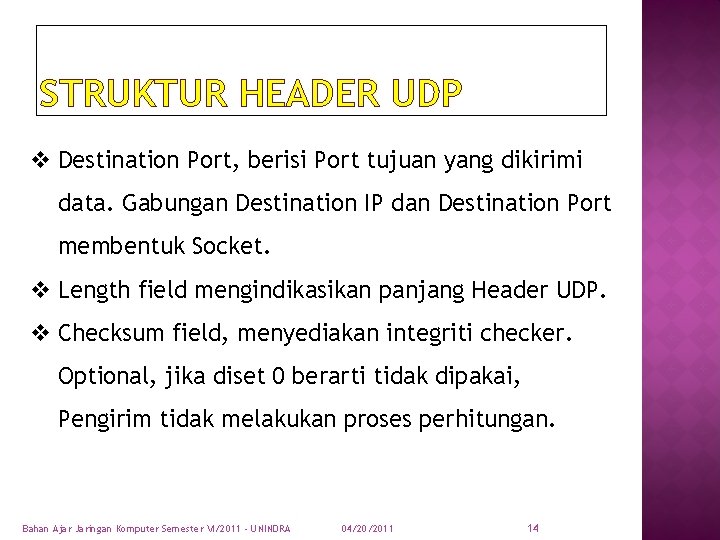 STRUKTUR HEADER UDP v Destination Port, berisi Port tujuan yang dikirimi data. Gabungan Destination