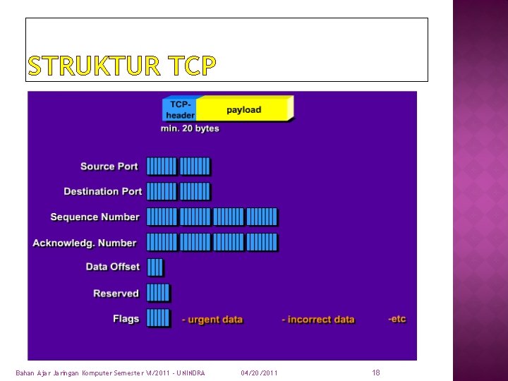 STRUKTUR TCP Bahan Ajar Jaringan Komputer Semester VI/2011 - UNINDRA 04/20/2011 18 