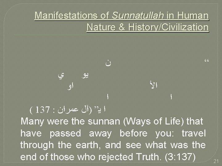Manifestations of Sunnatullah in Human Nature & History/Civilization ﻥ ﻱ “ ﻳﻭ ﺍﻷ ﺍ