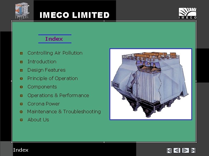 IMECO LIMITED Index Controlling Air Pollution Introduction Design Features Principle of Operation Components Operations