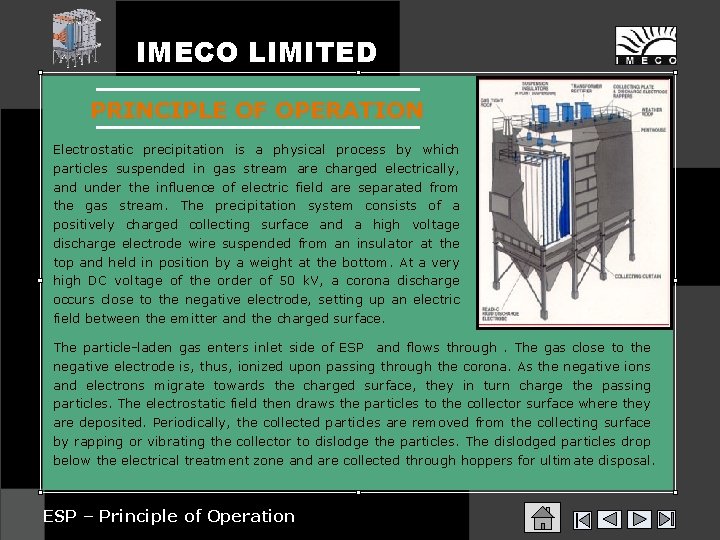 IMECO LIMITED PRINCIPLE OF OPERATION Electrostatic precipitation is a physical process by which particles