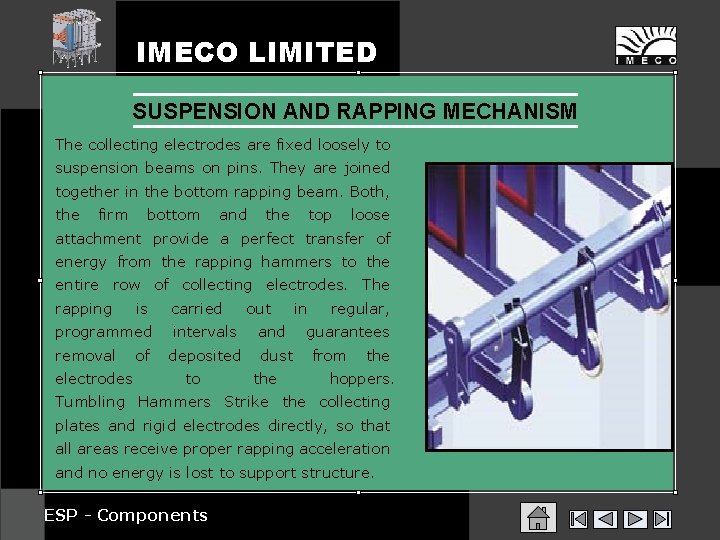 IMECO LIMITED SUSPENSION AND RAPPING MECHANISM The collecting electrodes are fixed loosely to suspension