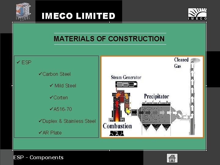 IMECO LIMITED MATERIALS OF CONSTRUCTION ü ESP üCarbon Steel ü Mild Steel üCorten üA