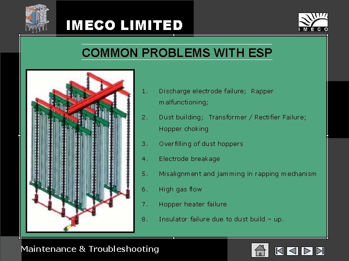 IMECO LIMITED COMMON PROBLEMS WITH ESP 1. Discharge electrode failure; Rapper malfunctioning; 2. Dust